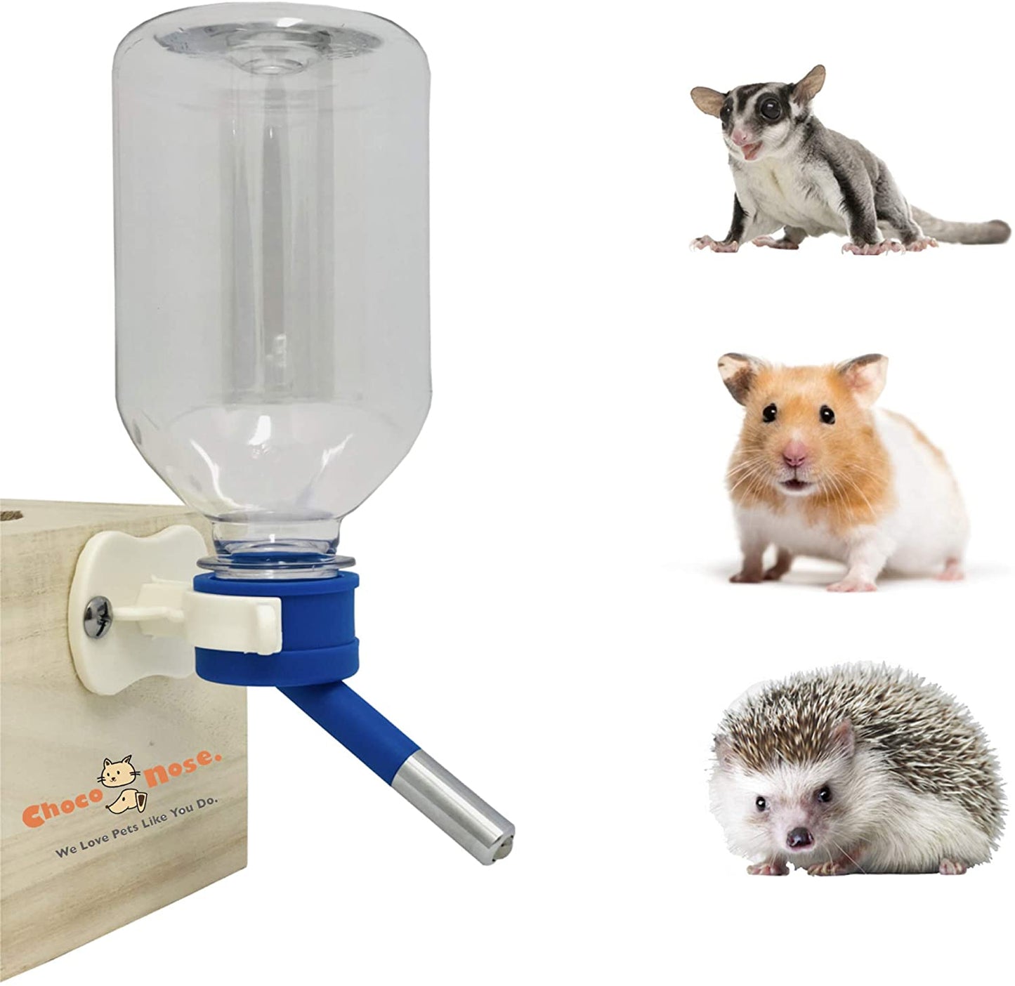 Choco Nose Patented No-Drip Water Bottle for Guinea Pigs/Hamsters/Bunnies/Ferrets/Hedgehogs/SugarGliders/Rats/Mice/Critters/Small Animals - for Pet Cages, Crates or Wall Mount. 10.2 oz. Nozzle 10mm (H125)