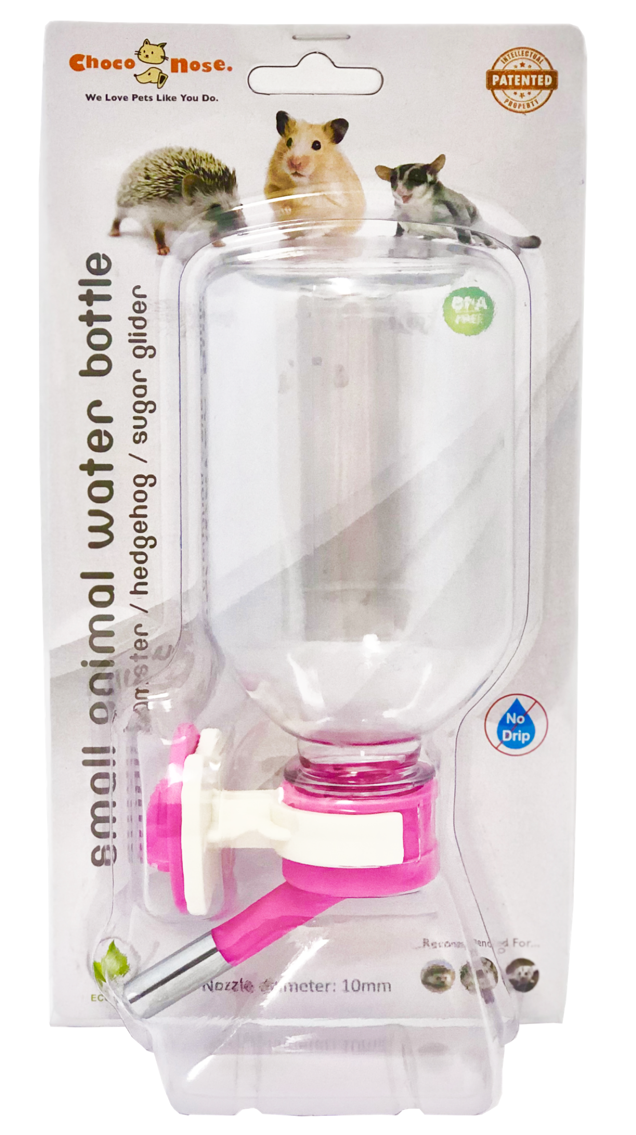 Choco Nose Patented No-Drip Water Bottle for Guinea Pigs/Hamsters/Bunnies/Ferrets/Hedgehogs/SugarGliders/Rats/Mice/Critters/Small Animals - for Pet Cages, Crates or Wall Mount. 10.2 oz. Nozzle 10mm (H125)