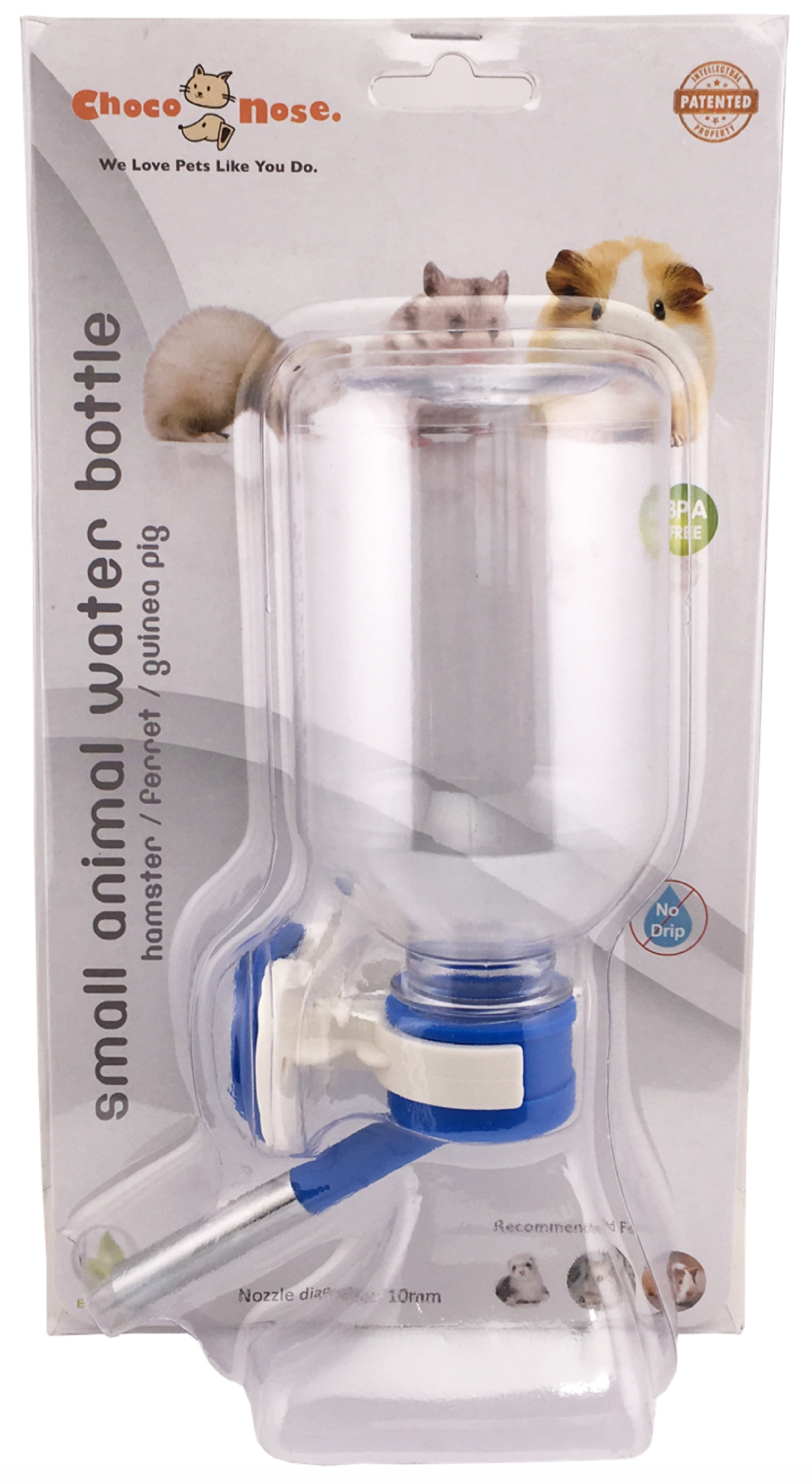 Choco Nose Patented No-Drip Water Bottle for Guinea Pigs/Hamsters/Bunnies/Ferrets/Hedgehogs/SugarGliders/Rats/Mice/Critters/Small Animals - for Pet Cages, Crates or Wall Mount. 10.2 oz. Nozzle 10mm (H128)