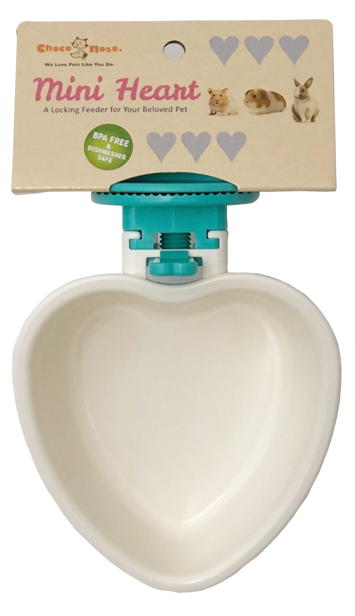 Choco Nose Patented Removable Heart Shaped Food Bowl for Dogs/Puppies/Rabbits/Cats/Guinea Pigs/Chinchillas/Birds -Water Dish for Small Pets or Animals - for Wire Cages or Crates 8 oz, Aqua (C607)