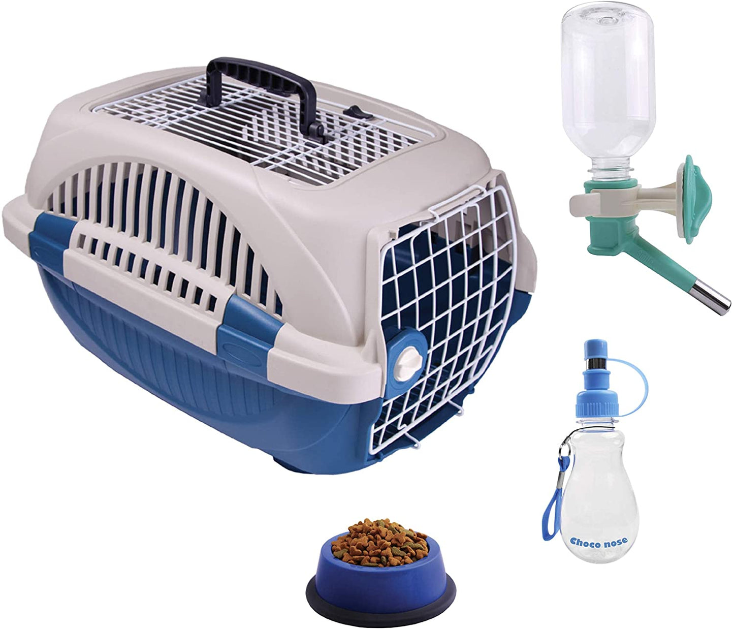 Choco Nose Travel Kennel Set - Durable Top Load Pet Carrier/Crate No Drip Water Bottle Food Bowl For Small Dog/Puppy/Cat/Rabbit Under 12 Lb