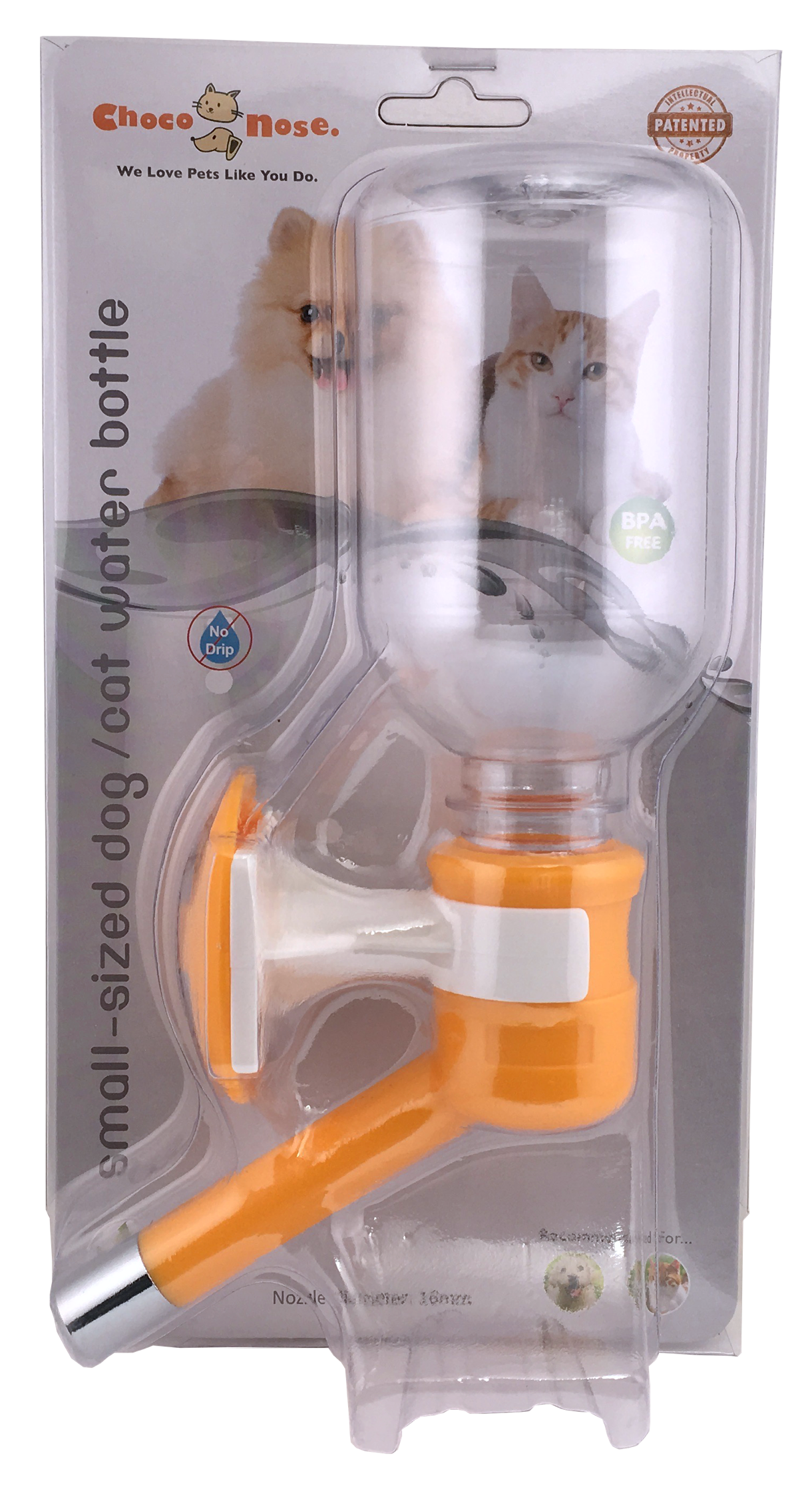 Choco Nose Patented No-Drip Dog Water Bottle/Feeder for Dogs/Cats and Other Small-Medium Sized Animals - for Cages, Crates or Wall Mount. 10.2 Oz. Mess Free Leak-Proof Nozzle 16mm (C590)